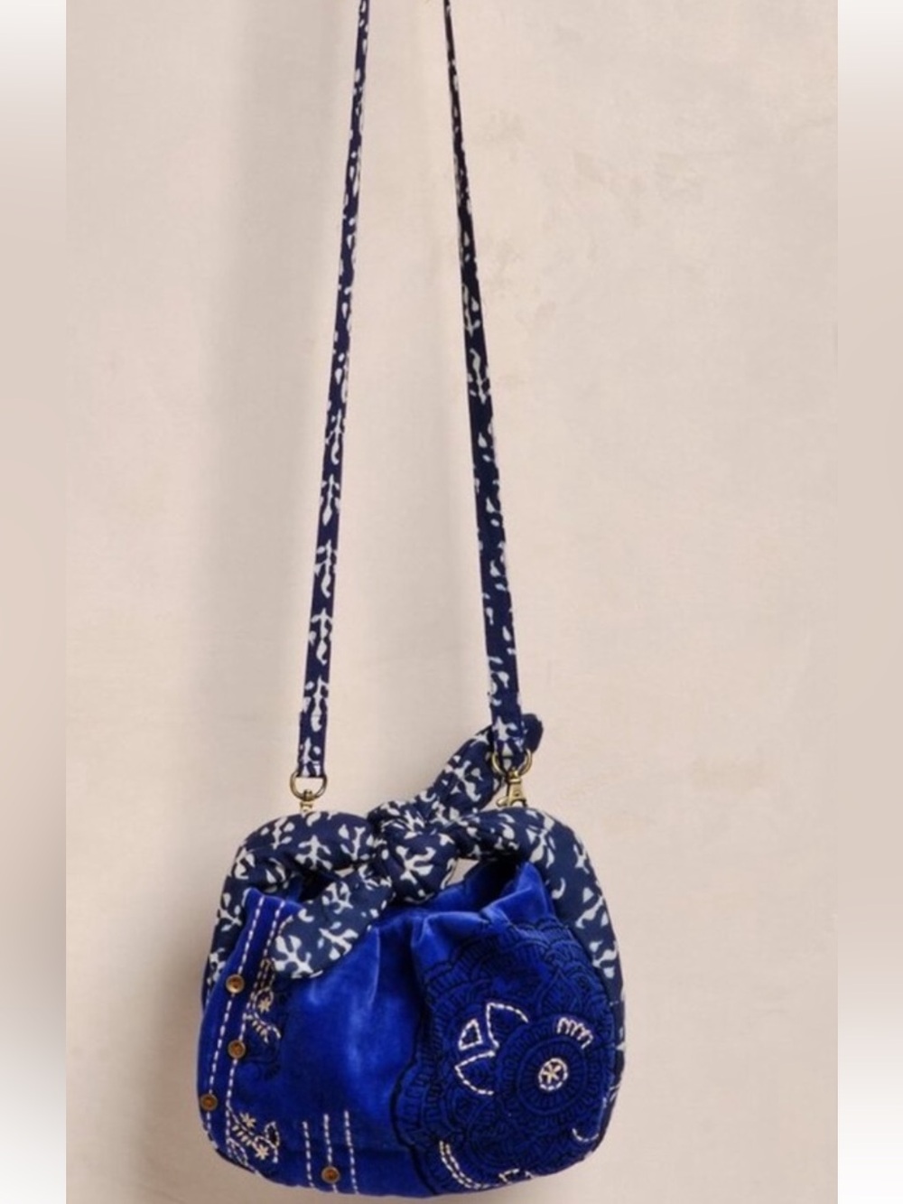 Free People, Royal Blue Embroidered Cotton  Crossbody with Patterned Strap